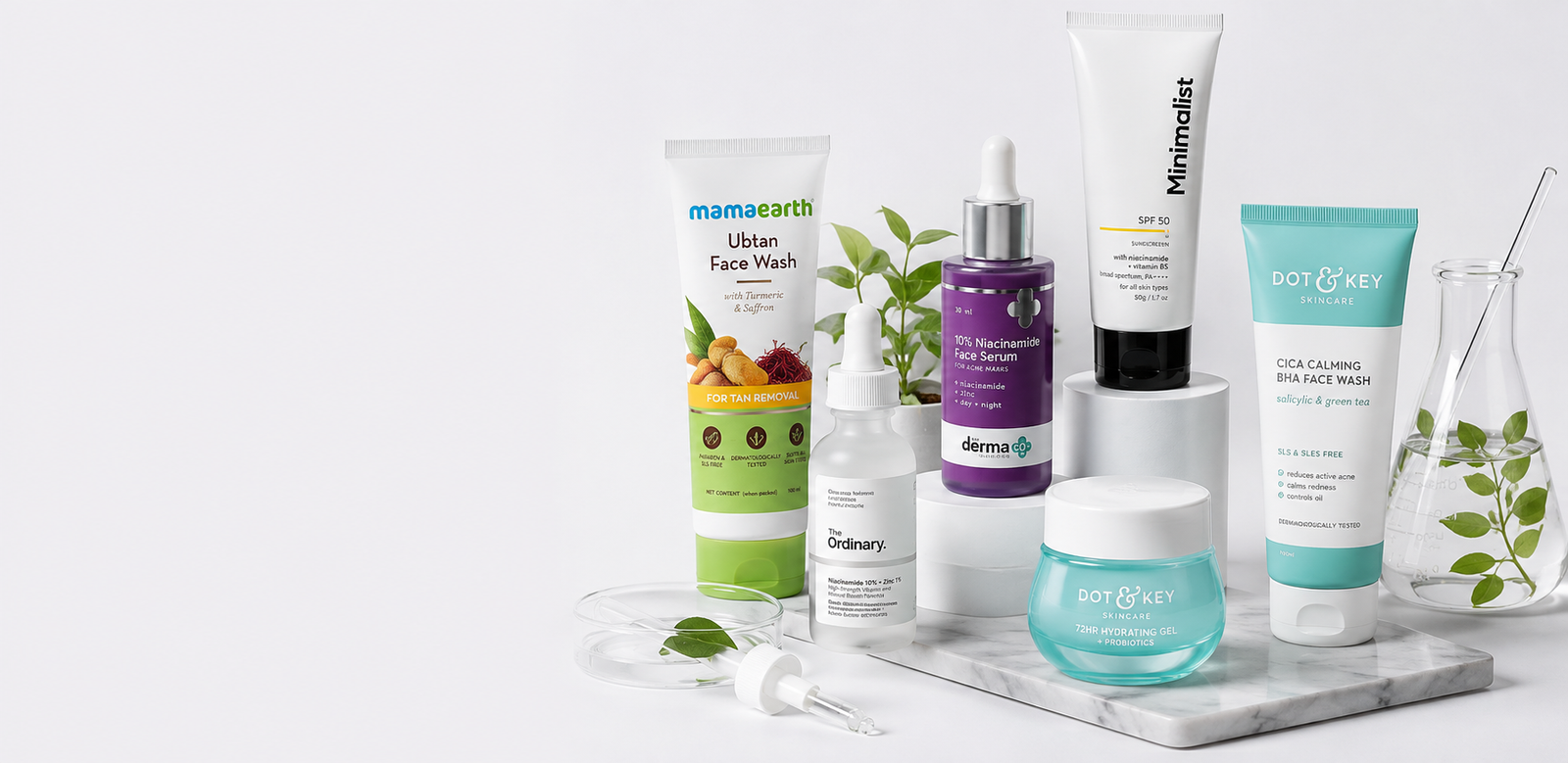 Face wash, niacinamide serum, sunscreen and hydrating gel skin care products